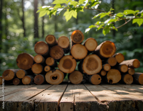 Stacked logs on wooden surface in forest Sunlight filters through green leaves above for product display