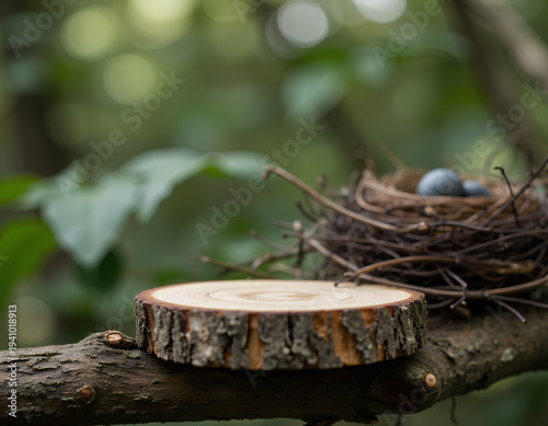 Natural wood slice on tree branch Nest with blue eggs Forest background for product display