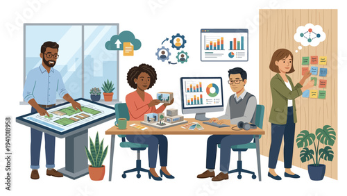 Creative Team Collaborating on Architectural Design and Data Analysis