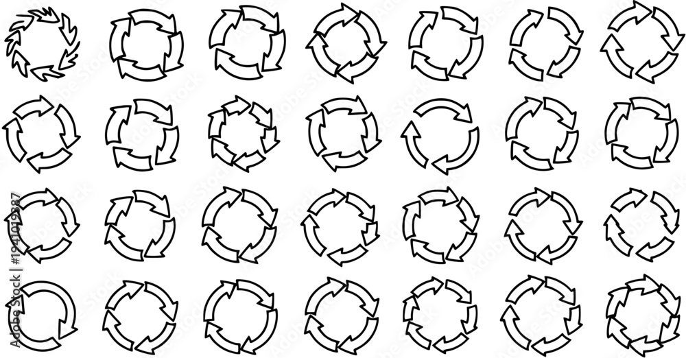 Fototapeta premium Black Outline Circular Arrow Icons Vector Set. Diverse Line Art Symbols for Recycle, Process, Refresh, and Rotation Concepts, Perfect for Business Environment.