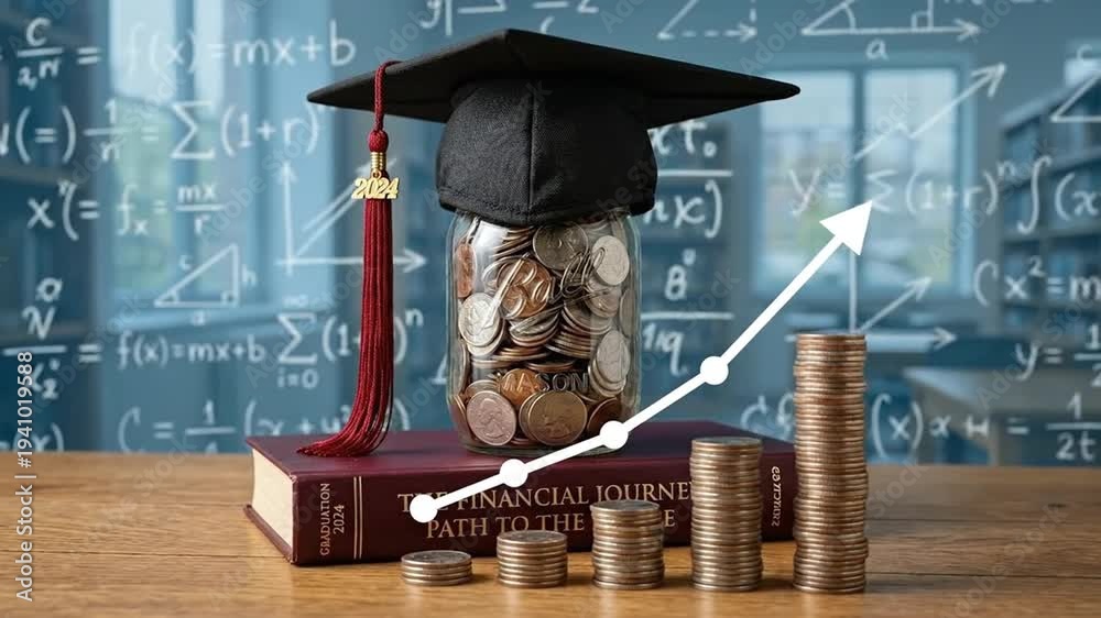 custom made wallpaper toronto digitalGraduation cap on money jar, increasing coin stacks, and book symbolize education investment, financial growth & success.