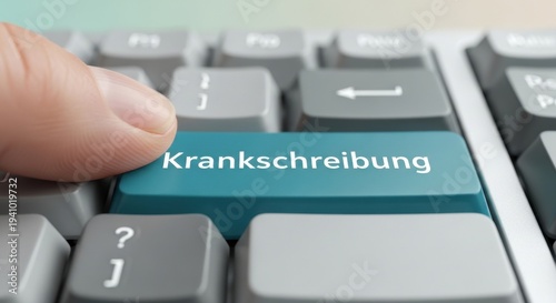 Close up of Finger Pressing Krankschreibung Button on Keyboard for German Medical Sick Note Concept
