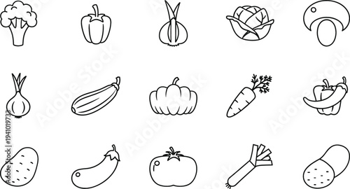 Vegetable line icons collection with broccoli, pepper, onion, pumpkin, carrot, eggplant and potato for healthy food menu, grocery and cooking design