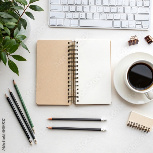 Creative Workspace Flat Lay with Sketchbook and Coffee