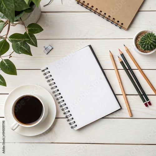 Creative Workspace Flat Lay with Sketchbook and Coffee