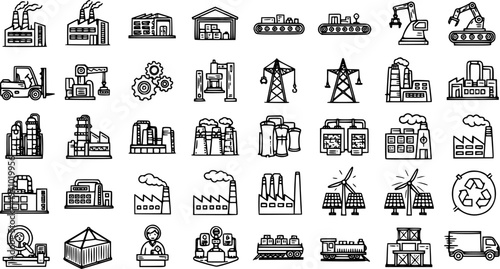 Industrial Vector Icons: Factory, Warehouse, Forklift, Robot, Gears, Crane, Power Line, Recycle Symbol