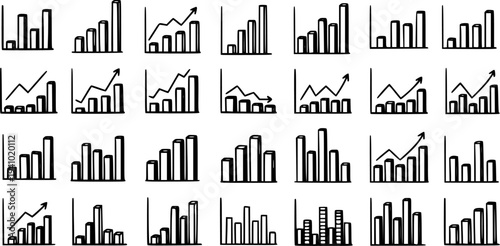 Hand-drawn black and white bar charts and line graphs showing growth, finance, data analysis, vector art