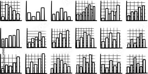 Black and White Line Art Bar Graphs and Charts, Data Visualization Set