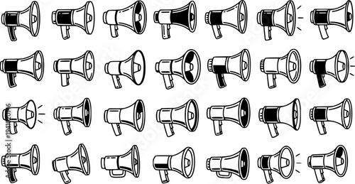 Black and White Line Art Megaphone Icons Set, Communication and Announcement Symbols