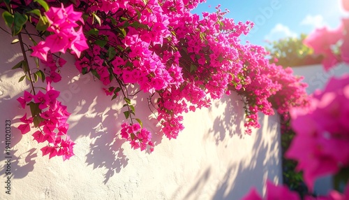 Vibrant Pink Flowers on White Wall.
