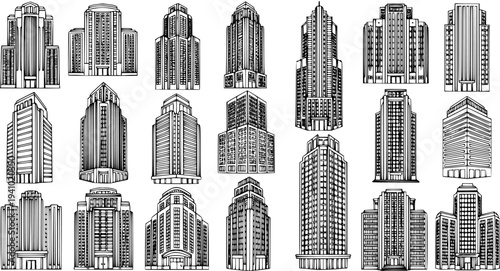 Black and White Line Art Vector of Diverse Skyscraper Building Facades, Business Architecture