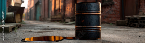 Wallpaper Mural Rusted metal drum leaking black oil on urban alley ground with reflective spill creating moody scene Torontodigital.ca