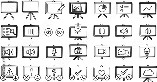Hand-drawn Business Presentation Board Icons Set - Doodle Line Art for Education, Communication, and Technology