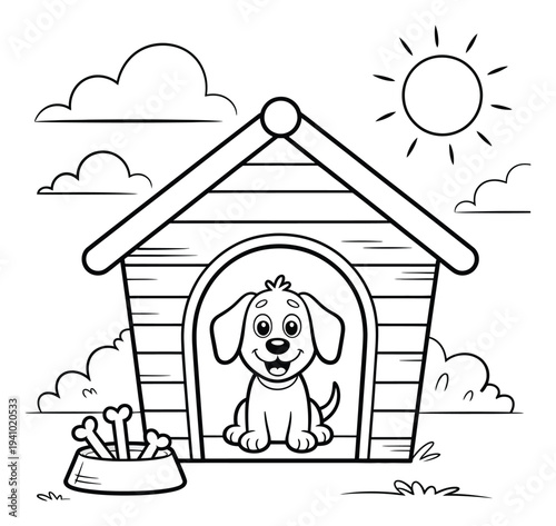 Happy cartoon puppy in a doghouse with bones and sun