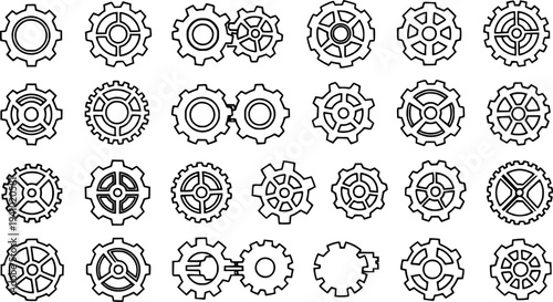 Gears Line Art Icons Set. Black and White Outline Cogwheel Vectors for Mechanical Engineering, Industrial Technology, and Machine Design.