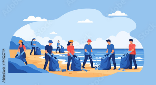 Volunteers cleaning beach pollution, collecting trash in bags for environmental protection