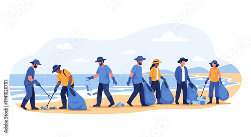Volunteers cleaning beach pollution, collecting trash in blue bags for environmental protection.