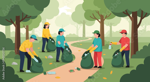 Volunteers cleaning park, collecting trash in bags, environmental protection, community service