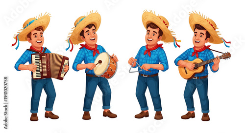 Group of cartoon-style musicians playing musical instruments used during a Brazilian June festival. Vector image.