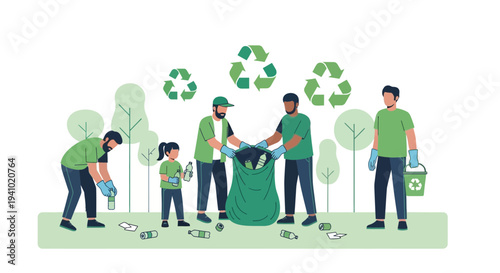 Volunteers cleaning park, collecting plastic bottles for recycling, environmental protection concept