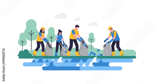 Volunteers cleaning polluted river, collecting trash in bags, environmental protection concept