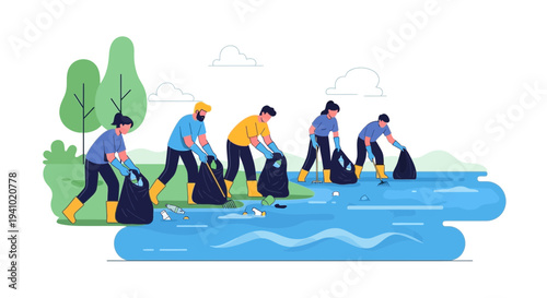 Volunteers cleaning polluted river, collecting trash in plastic bags, environmental protection concept