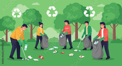Volunteers Cleaning Park, Recycling Symbols, Environmental Protection, Community Service