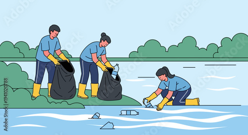 Volunteers cleaning plastic pollution from river, environmental protection concept