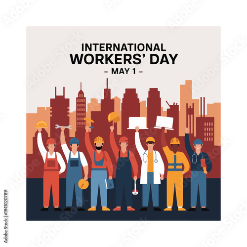 
International Workers Day poster celebrating labor unity hardworking people solidarity rights global workforce