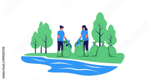 Volunteers cleaning river bank, environmental protection, teamwork, nature conservation