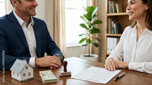 Wallpaper Mural Real estate agent and client discuss property purchase, reviewing documents, money, and miniature house. Home buying/selling. Torontodigital.ca