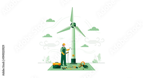 Wind turbine maintenance: technician repairs renewable energy generator with tools and equipment