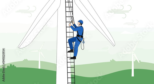 Wind turbine technician climbing ladder for maintenance on renewable energy farm