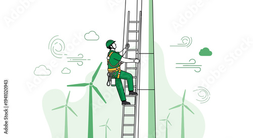 Wind Turbine Technician Climbing Ladder for Maintenance Amidst Windmills and Breezes