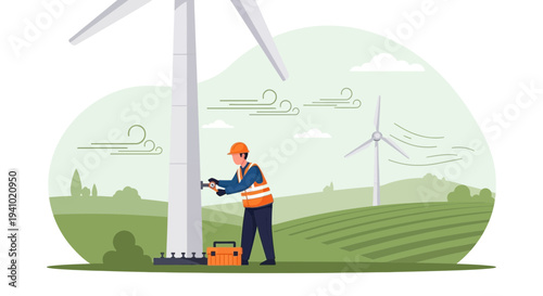 Wind turbine technician performing maintenance on a wind energy generator in a field