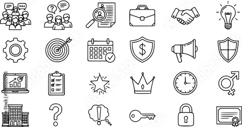 Business and Management Concepts Line Art Icons Set. Collection of Thin Outline Symbols for Communication, Planning, Success, Security, and General Ideas.