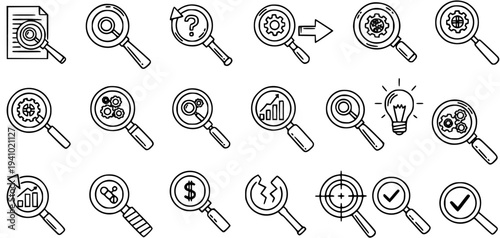 Black and White Line Art Magnifying Glass Icons Set for Business, Technology, and Research. Outline Doodle Vector Symbols for Search, Analysis, Ideas, and Problem Solving.