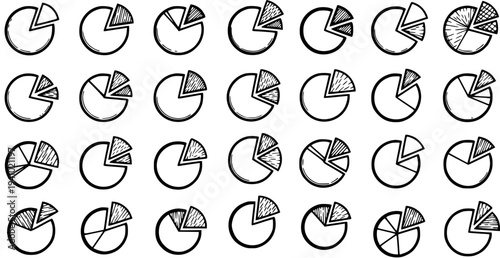 Hand-drawn Black and White Line Art Pie Chart Icons for Business Data Visualization and Financial Statistics