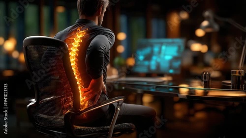Man experiencing back pain while sitting at office desk