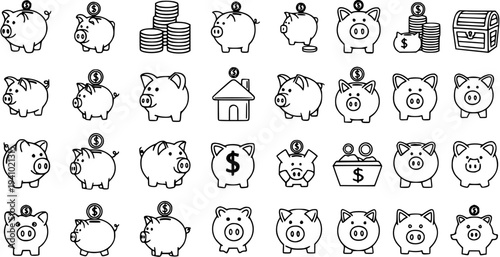 Finance Piggy Bank and Money Outline Icon Set - Black and White Line Art for Saving, Investment, and Economy Concepts