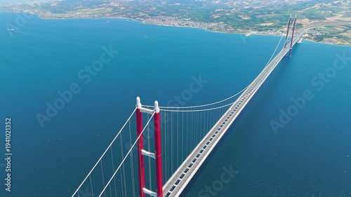 Wallpaper Mural Lapseki, Turkey. 1915 Canakkale Bridge, world's longest suspension bridge over the Dardanelles strait with cars moving between Europe and Asia. Aerial View Torontodigital.ca