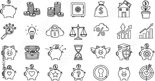 Finance Icons Set: Piggy Bank, Coins, Safe, Growth Chart, House, Magnifying Glass - Line Art Vector