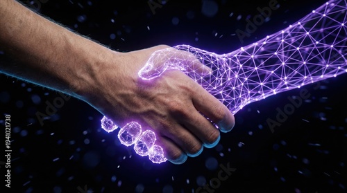 Human hand shaking futuristic robotic arm in digital handshake
