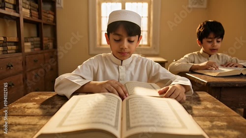 Young Muslim boys studying the Quran in a traditional madrasa setting focused on religious education and spiritual growth.