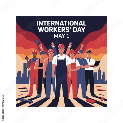 
International Workers Day poster celebrating labor unity hardworking people solidarity rights global workforce