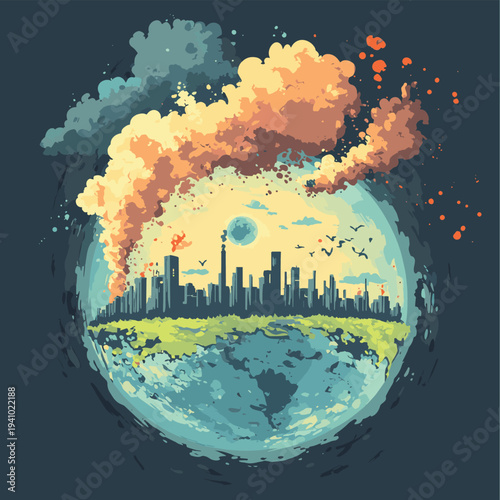 Visualizing global warming and climate change impacts on our planet earth , vector style simple color