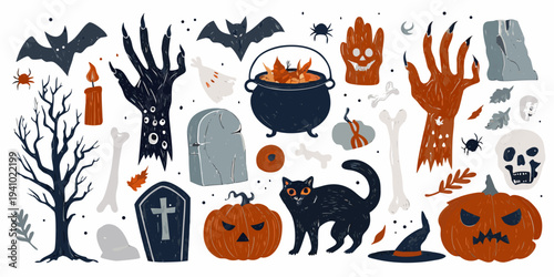 A spooky halloween illustration with bats pumpkins and a black cat
