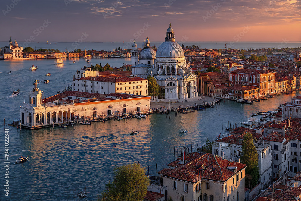 Obraz premium Panoramic view of historic city with domed cathedral and waterfront buildings at sunset, boats sailing on calm water, warm light reflecting on architecture creating peaceful atmosphere