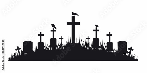 Silhouette of a graveyard with three birds perched on crosses