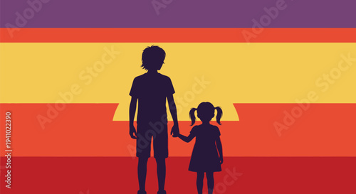 Silhouette of Man and Little Girl Holding Hands.
